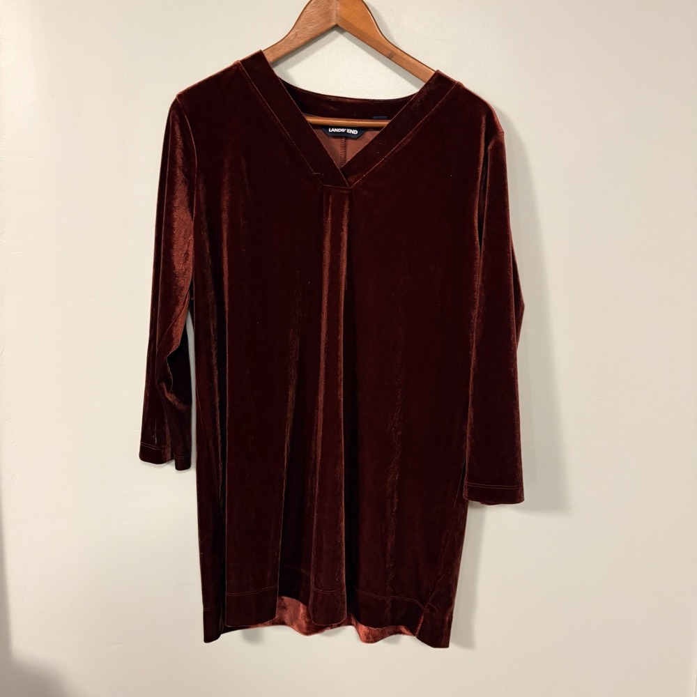 Lands End Womens Velour Top Large V Neck Stretch Velvet Shimmer Holidays Soft